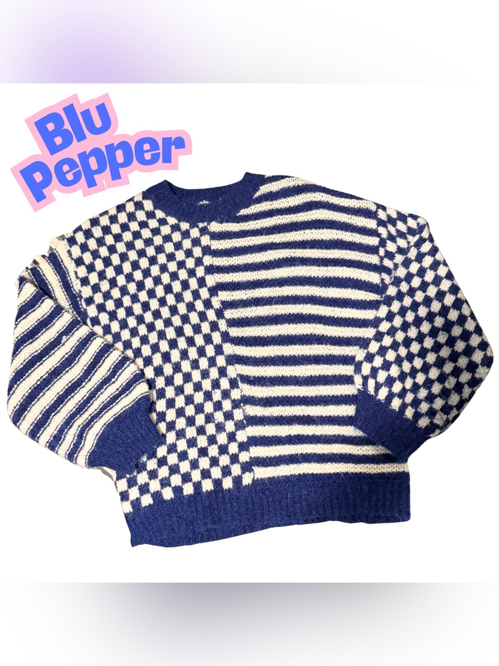 Blu Pepper Oversized Blue & White Checkerboard Striped Knit Sweater